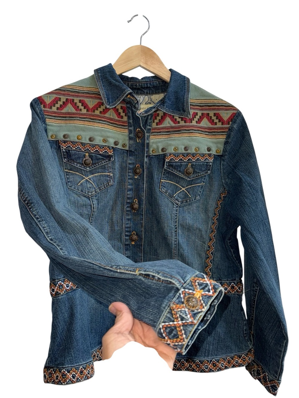 Coldwater Creek Embroidered Denim Jacket L Boho Western Aztec Studded Jean Coat - Picture 5 of 12